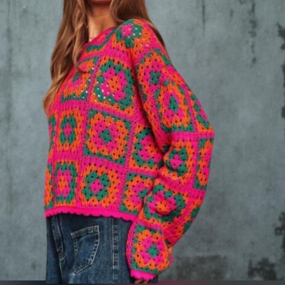 Patch Work Sweater Crochet Sweater / Boho Sweater Davi & Dani NWT Oversized - Picture 3 of 11